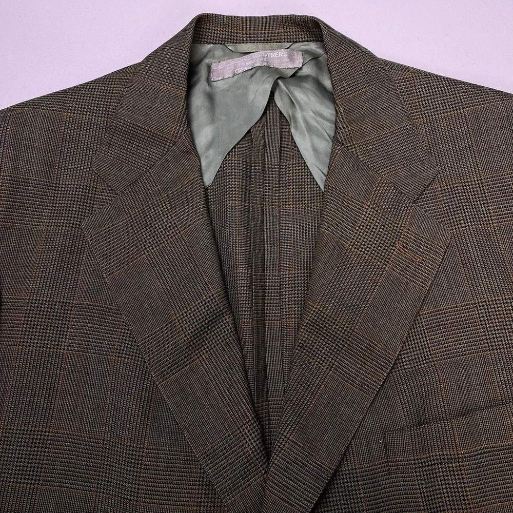 70s Brooks Brothers Makers Blazer Sport Coat 42L Mens Green Brown Glen Plaid